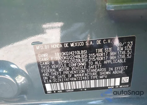 2024 Honda Hr-V 2Wd Ex-L/2Wd Ex-L W/O Bsi z USA, uszkodzony, nr VIN 3CZRZ1H74RM722483
